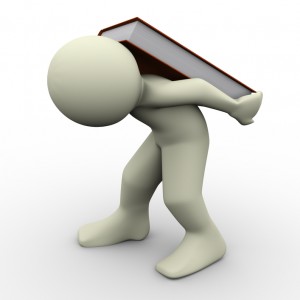 3d render of man carrying book on his back. Concept of learning difficulties.